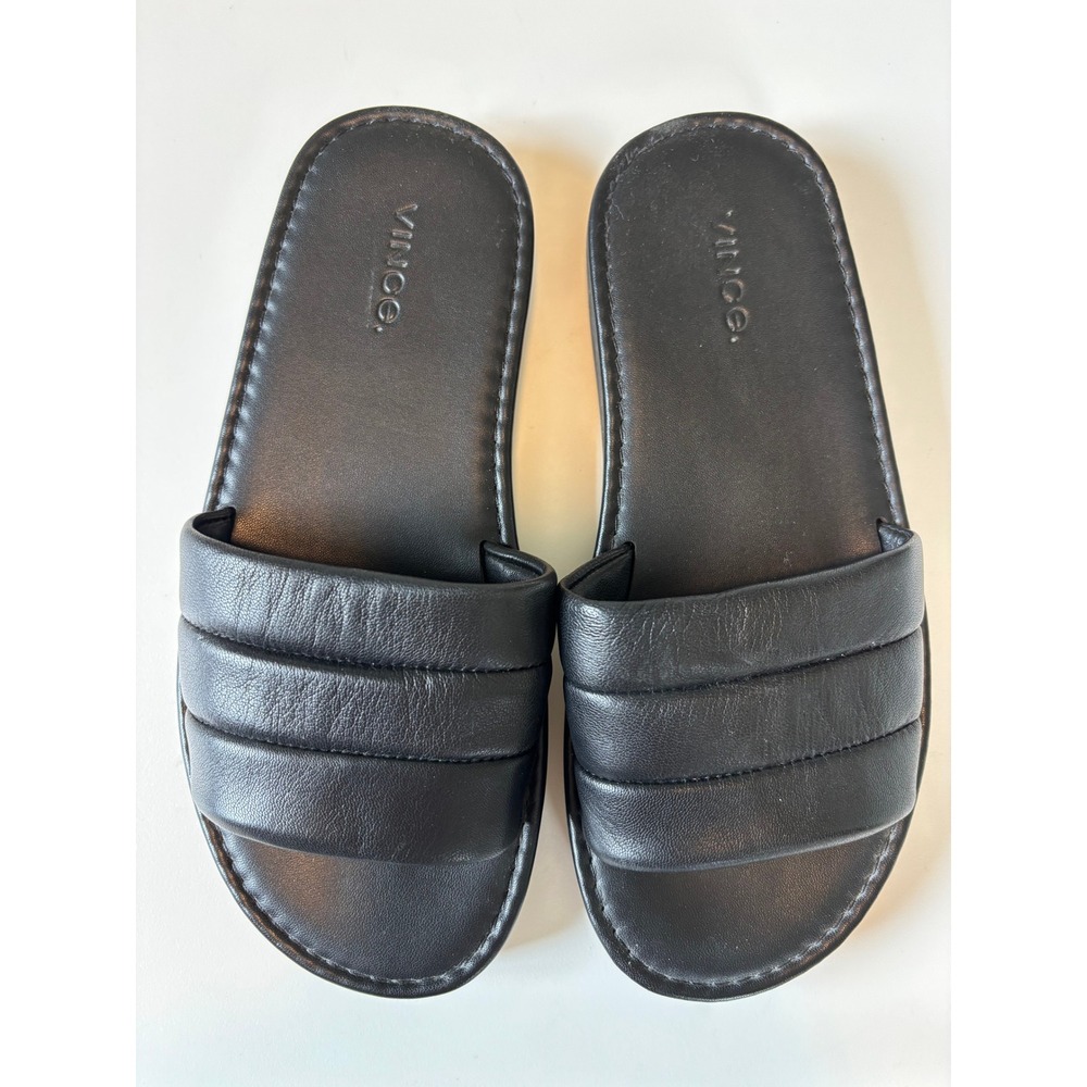 Vince Leather Slide Sandals Womens 5.5 Black Padded Quilted Platform